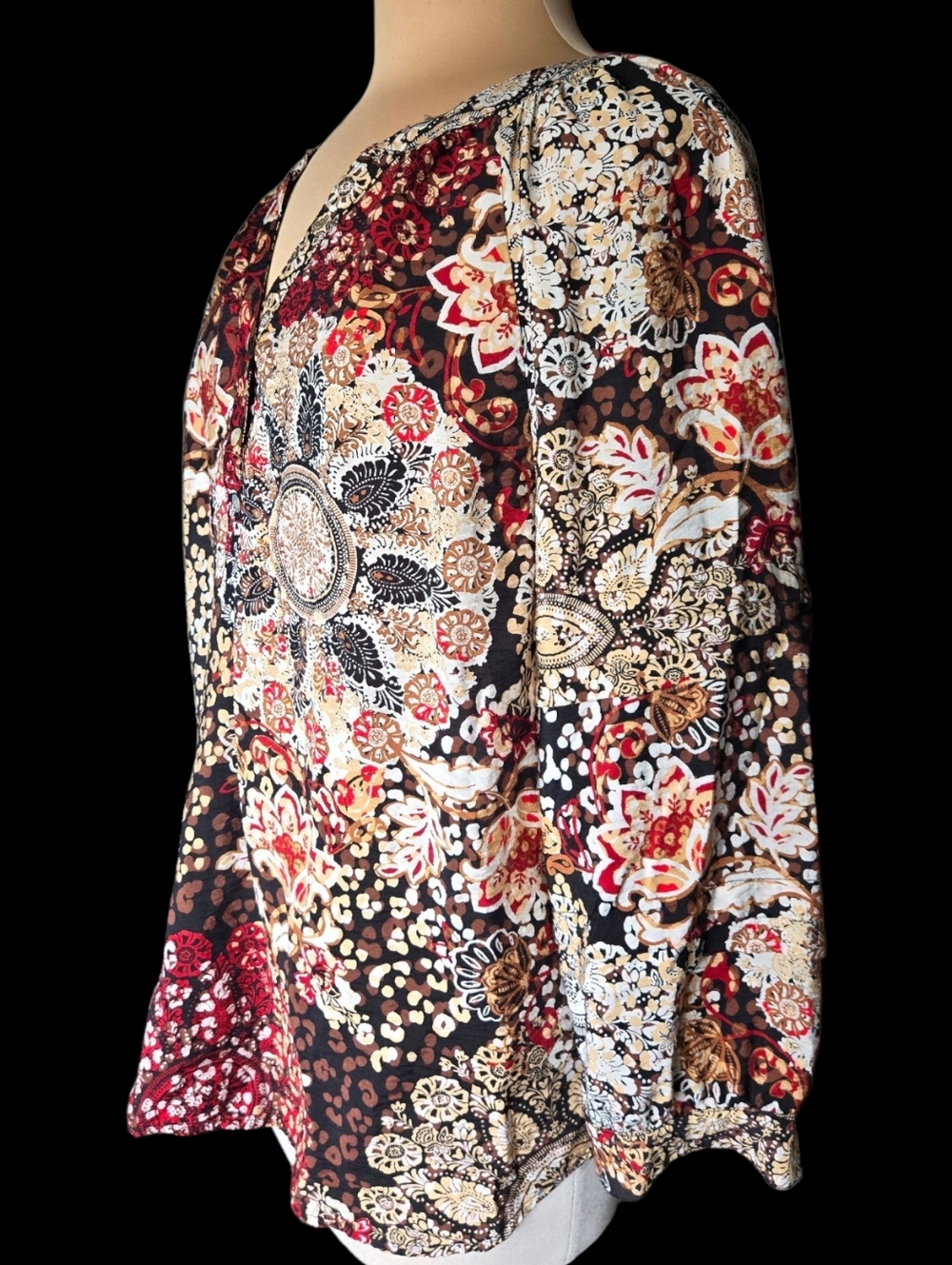 Ruby Rd. Boho Patchwork Tunic - Red, Black & Cream - Picture 3 of 5